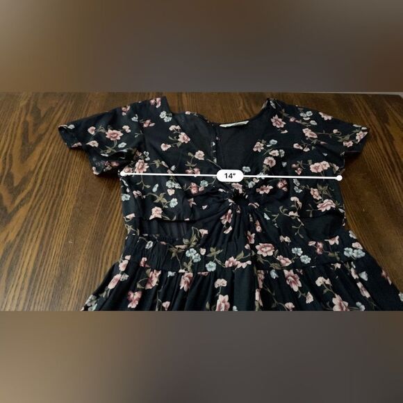 AEO Floral Keyhole Fit and Flare Dress cutout womens XS navy pink preppy cottage - Picture 6 of 16